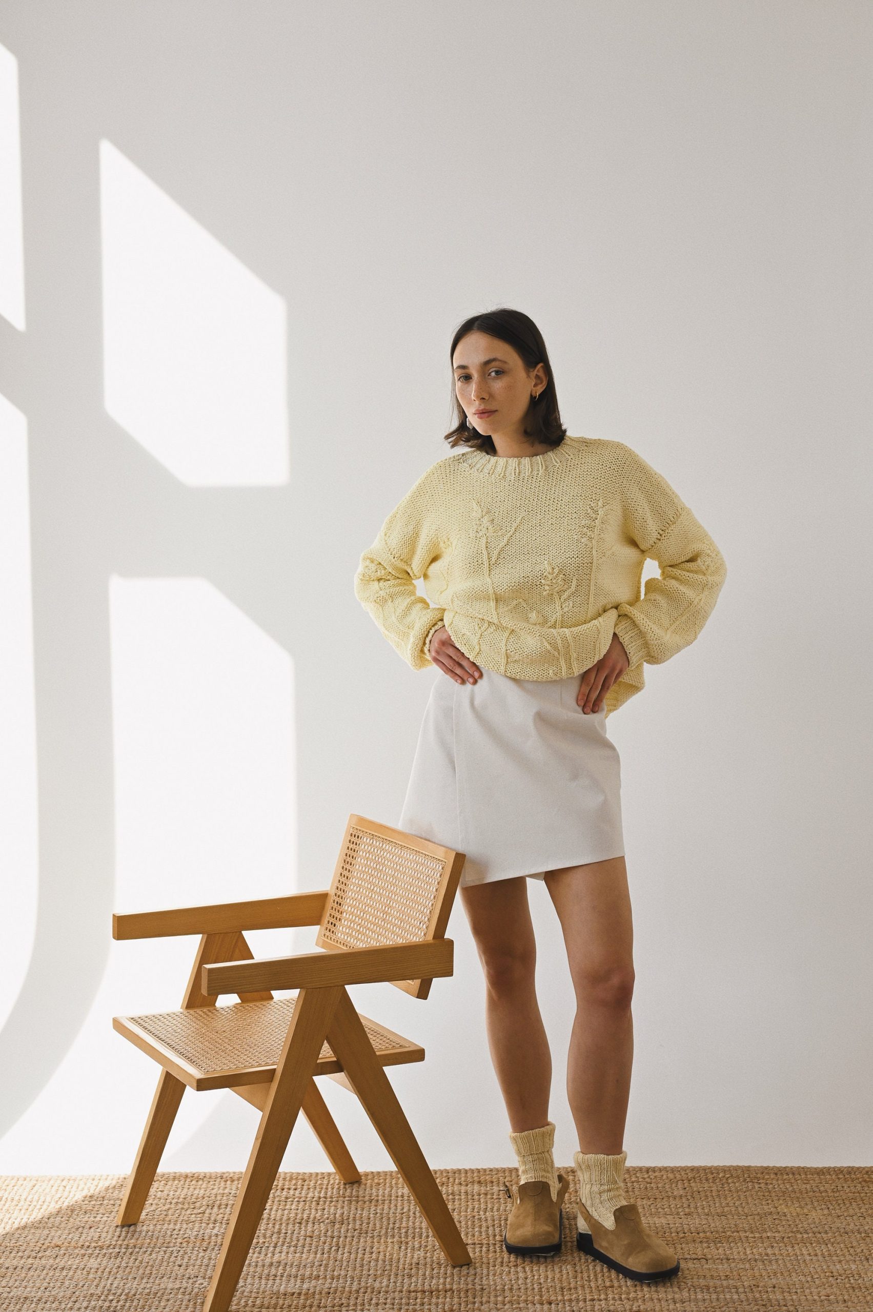 Hand-embroidered Yellow Floral Cotton Sweater - Chunky Knit Pullover