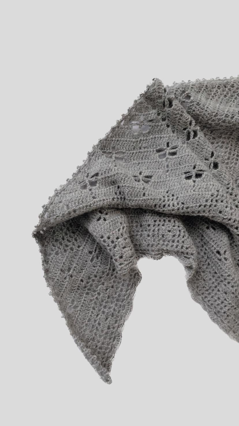 Hand Knitted Alpaca Wool Headscarf: Light Grey Lace Triangle Shawl