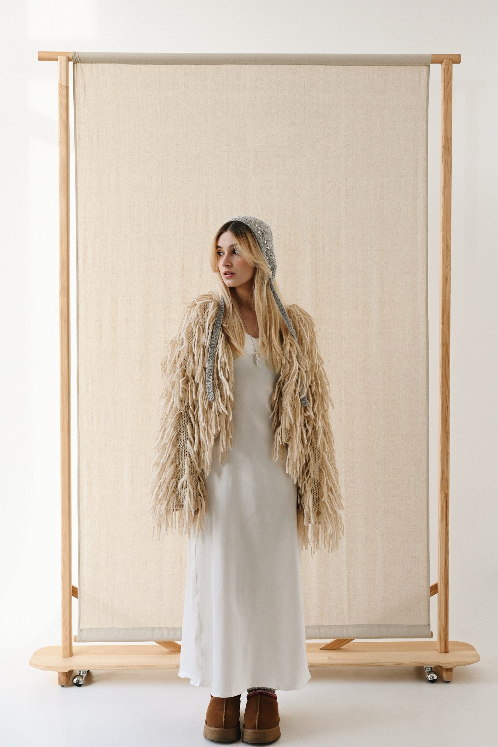 Hand Knitted Wool Bonnet: Sequined Ear Flap Hat