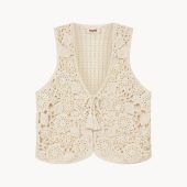 Handknit Cotton Lacy Slipover Vest: Tassel Tie Sleeveless Top
