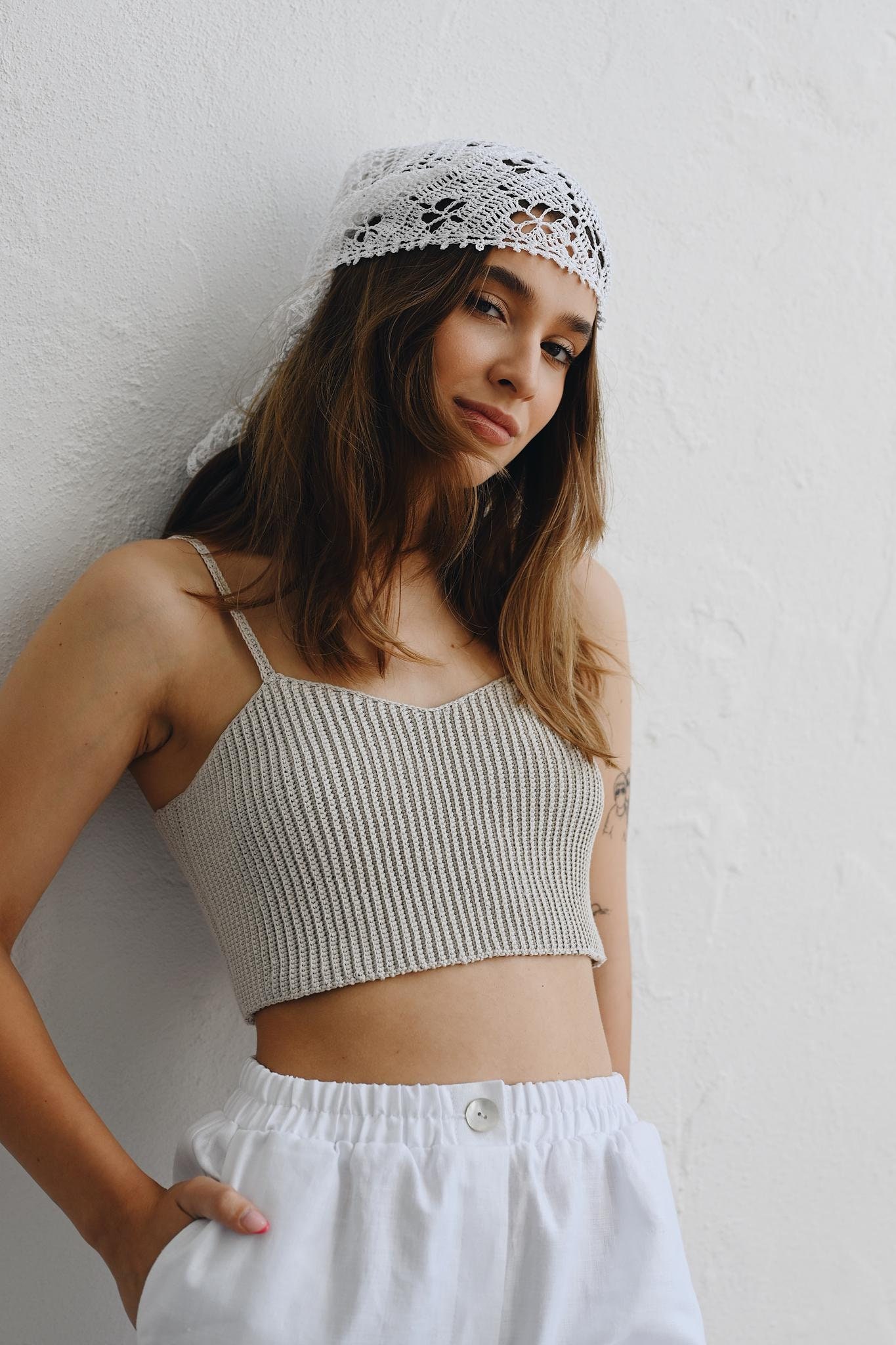 Hand-crocheted Cotton Lace Headwrap: Milky White Triangle Scarf