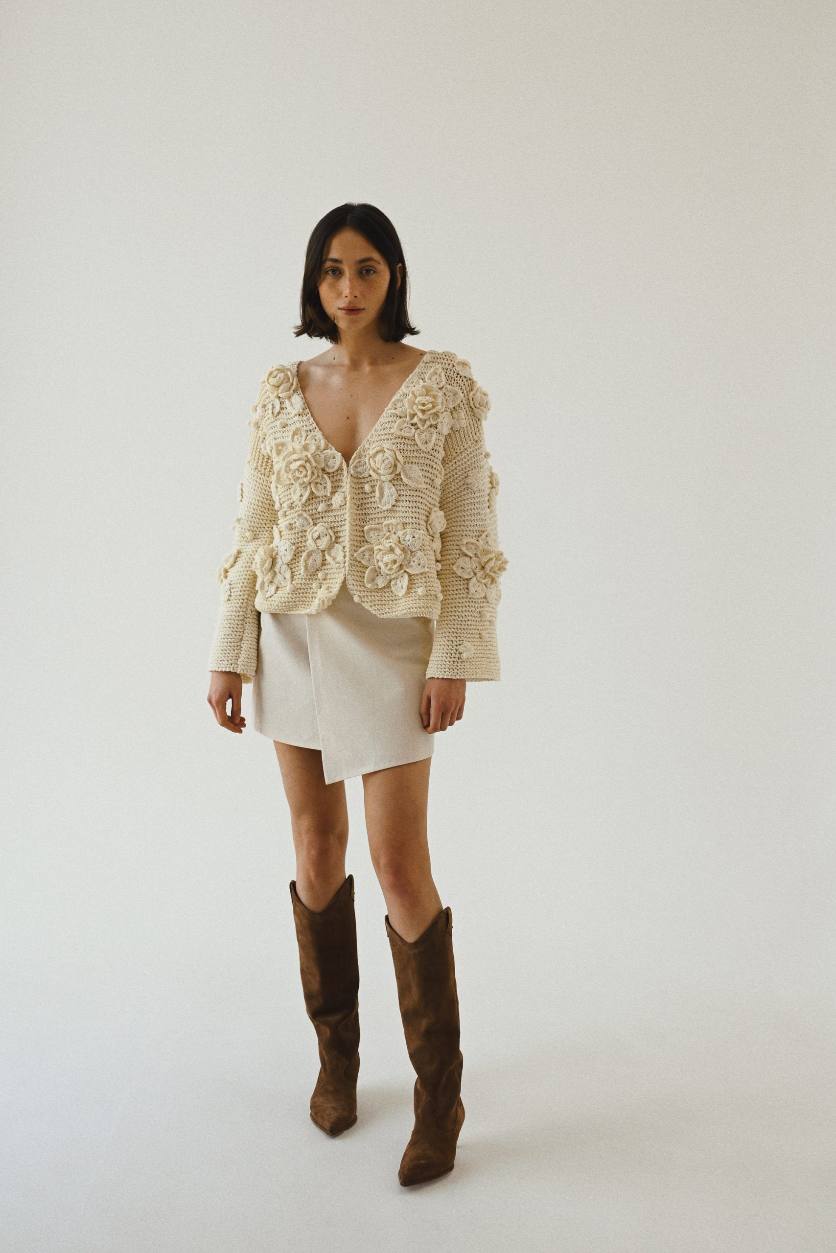 Handknit Cotton Cardigan: White V-neck Jacket With Embroidered Flowers