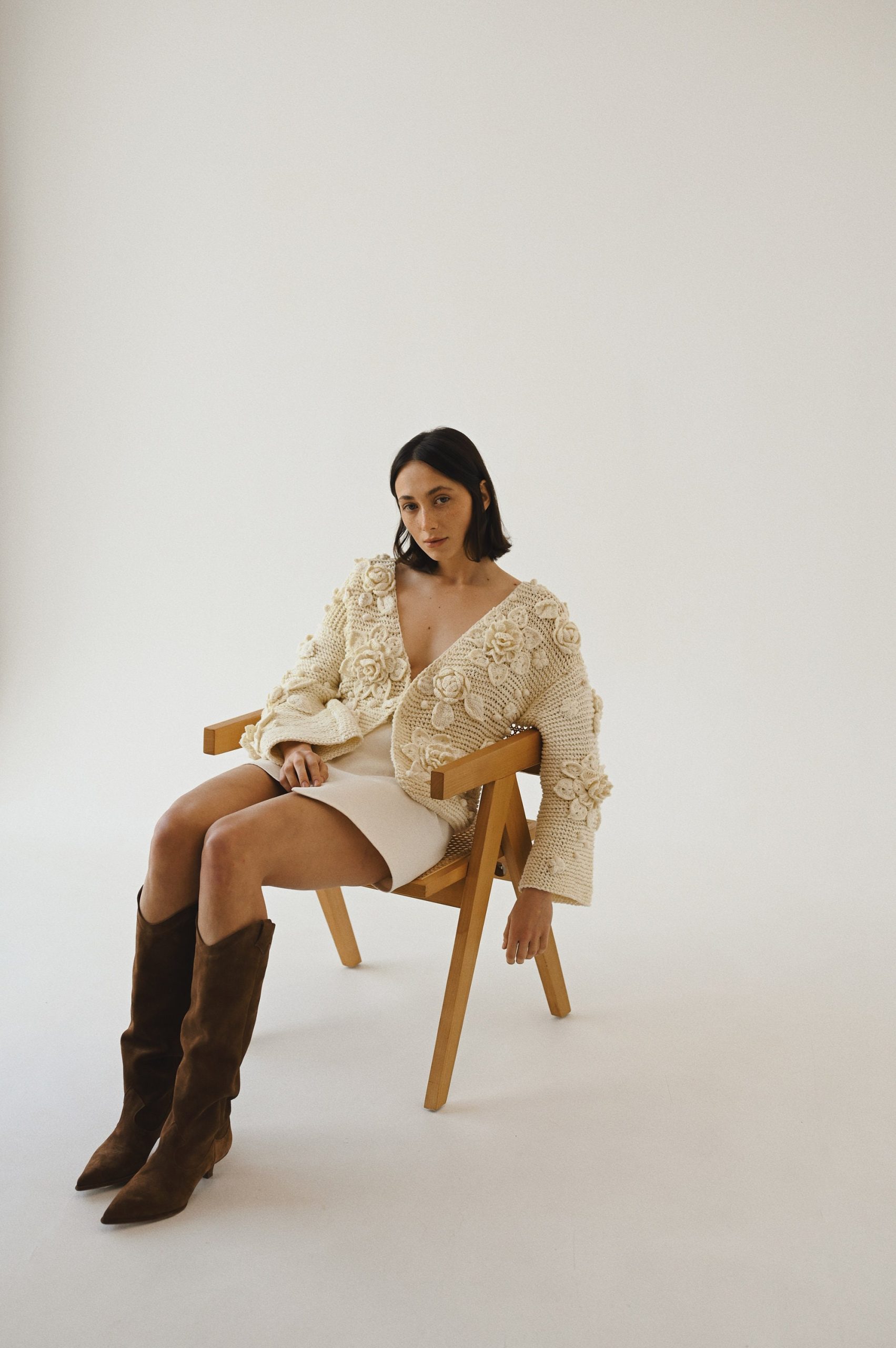 Handknit Cotton Cardigan: White V-neck Jacket With Embroidered Flowers