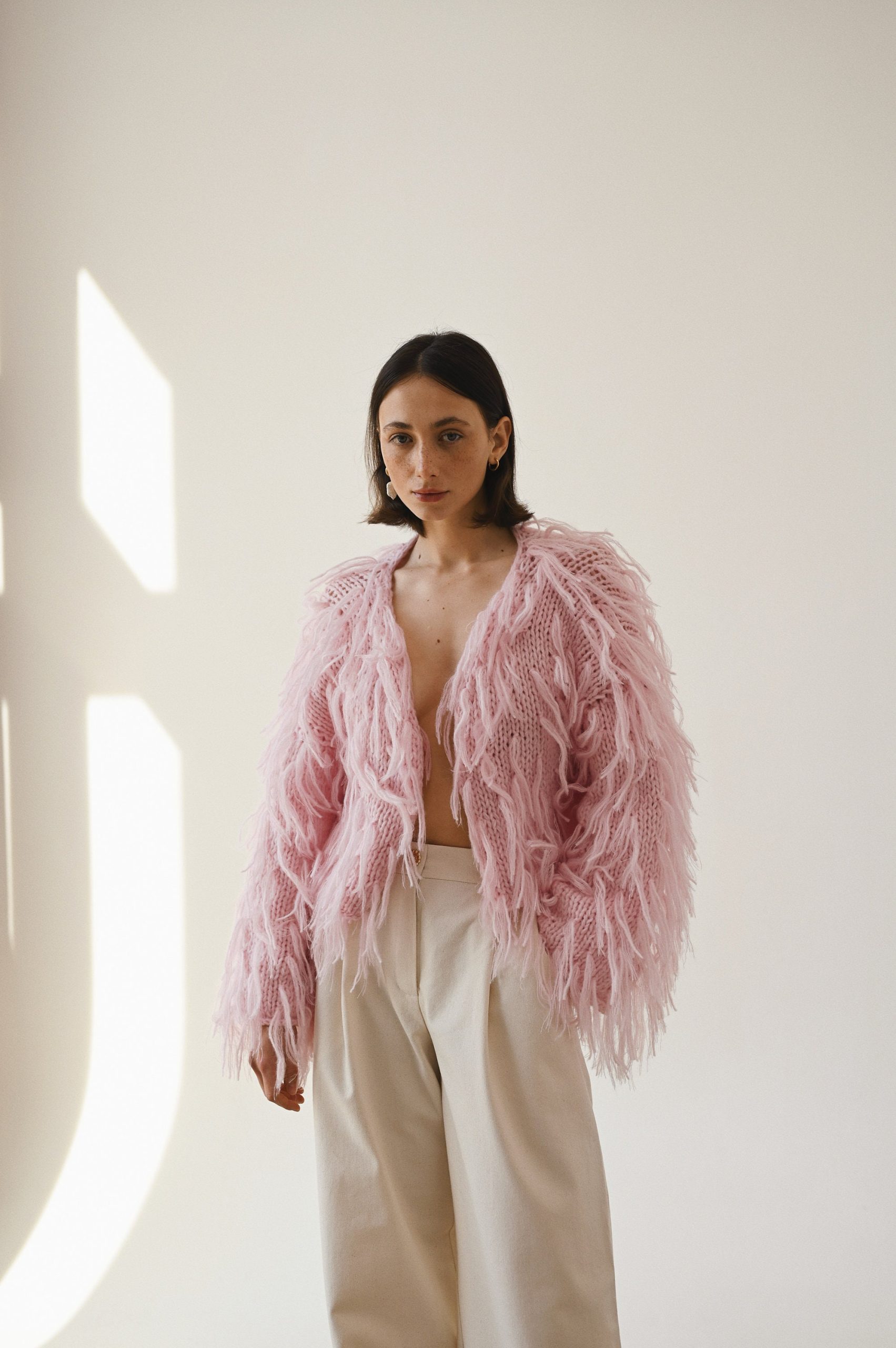 Beige Knitted Alpaca Cardigan: Women's Merino Wool Cropped Jacket