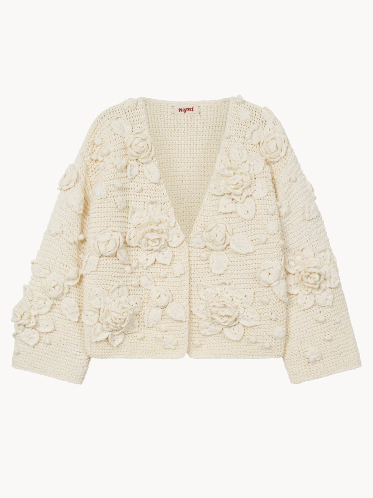 Handknit Cotton Cardigan: White V-neck Jacket With Embroidered Flowers