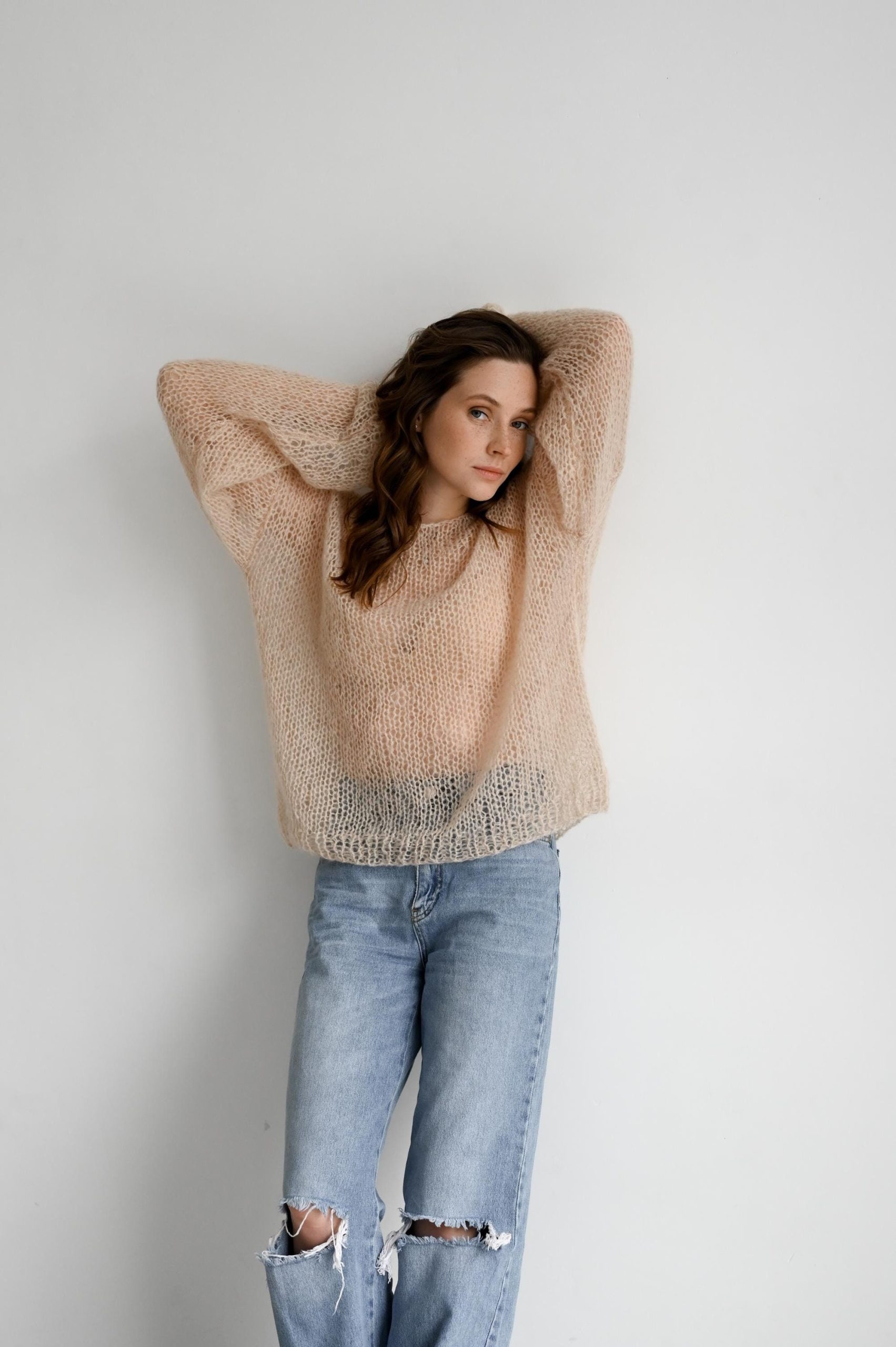 Hand-knitted Olive Mohair Pullover: Lightweight Fuzzy Sweater