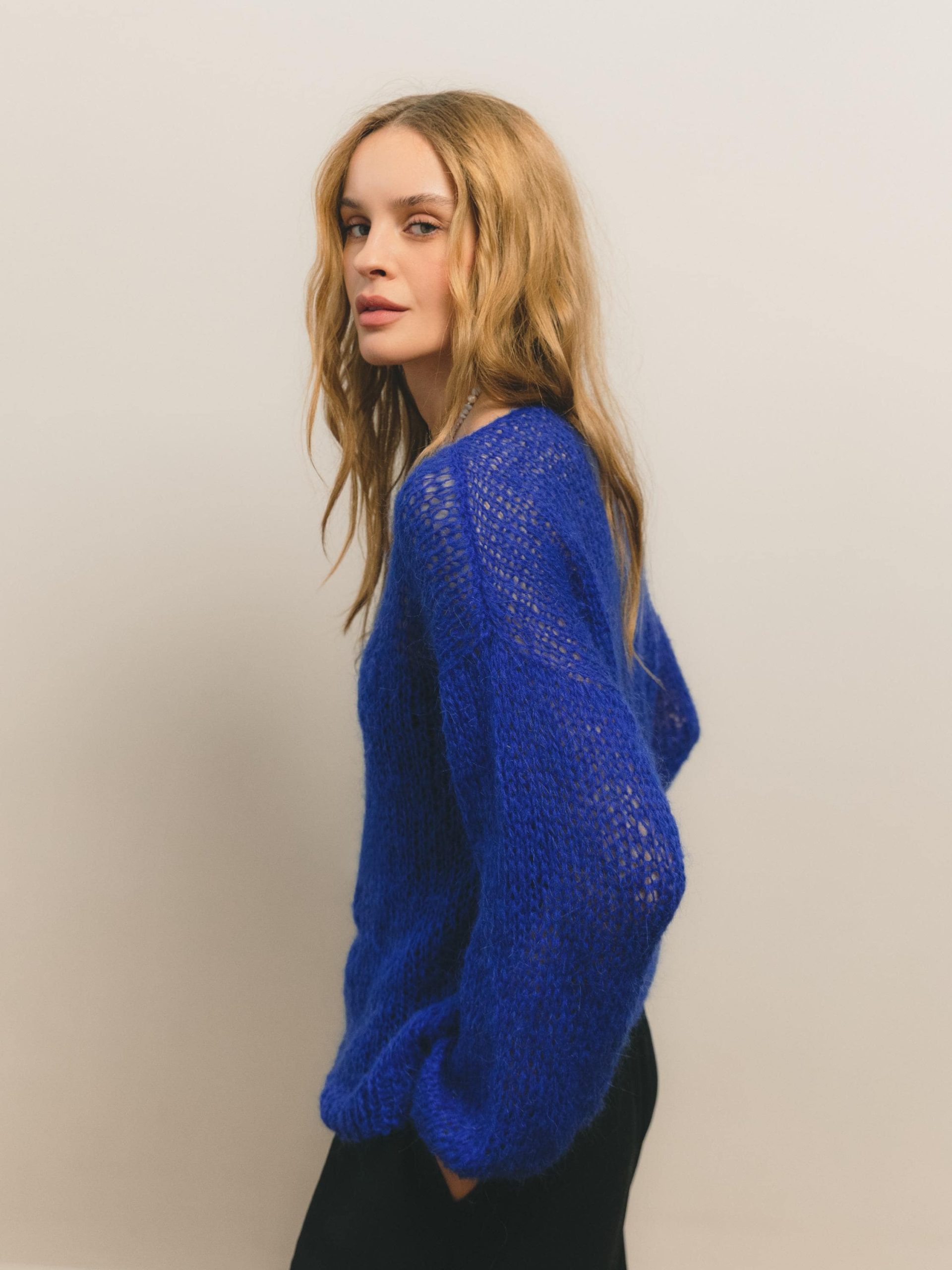 Electric Blue Mohair Knit Sweater: Sheer Boho Pullover