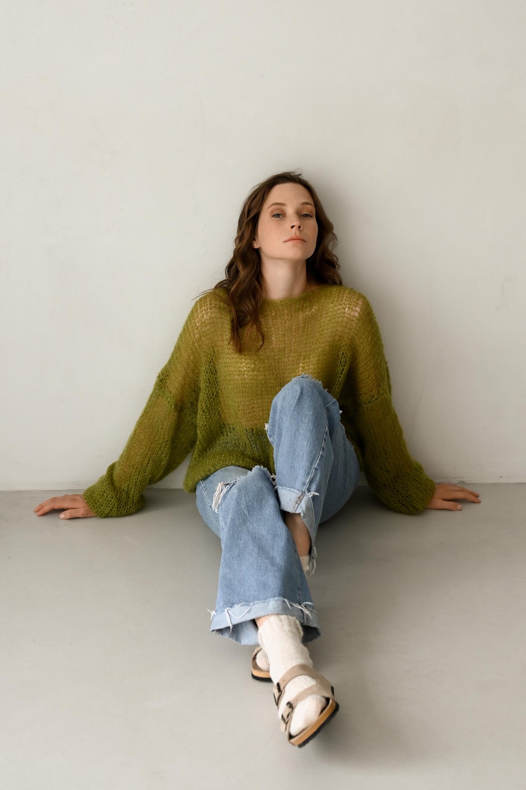 Hand-knitted Olive Mohair Pullover: Lightweight Fuzzy Sweater