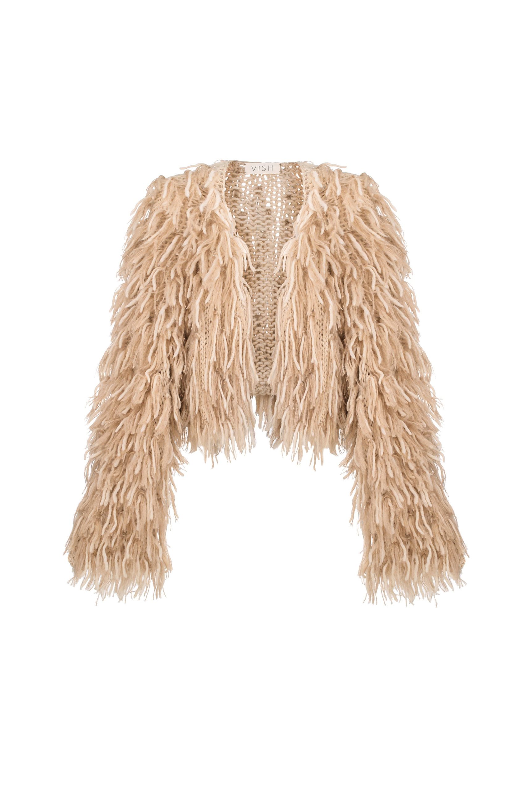 Beige Knitted Alpaca Cardigan: Women's Merino Wool Cropped Jacket