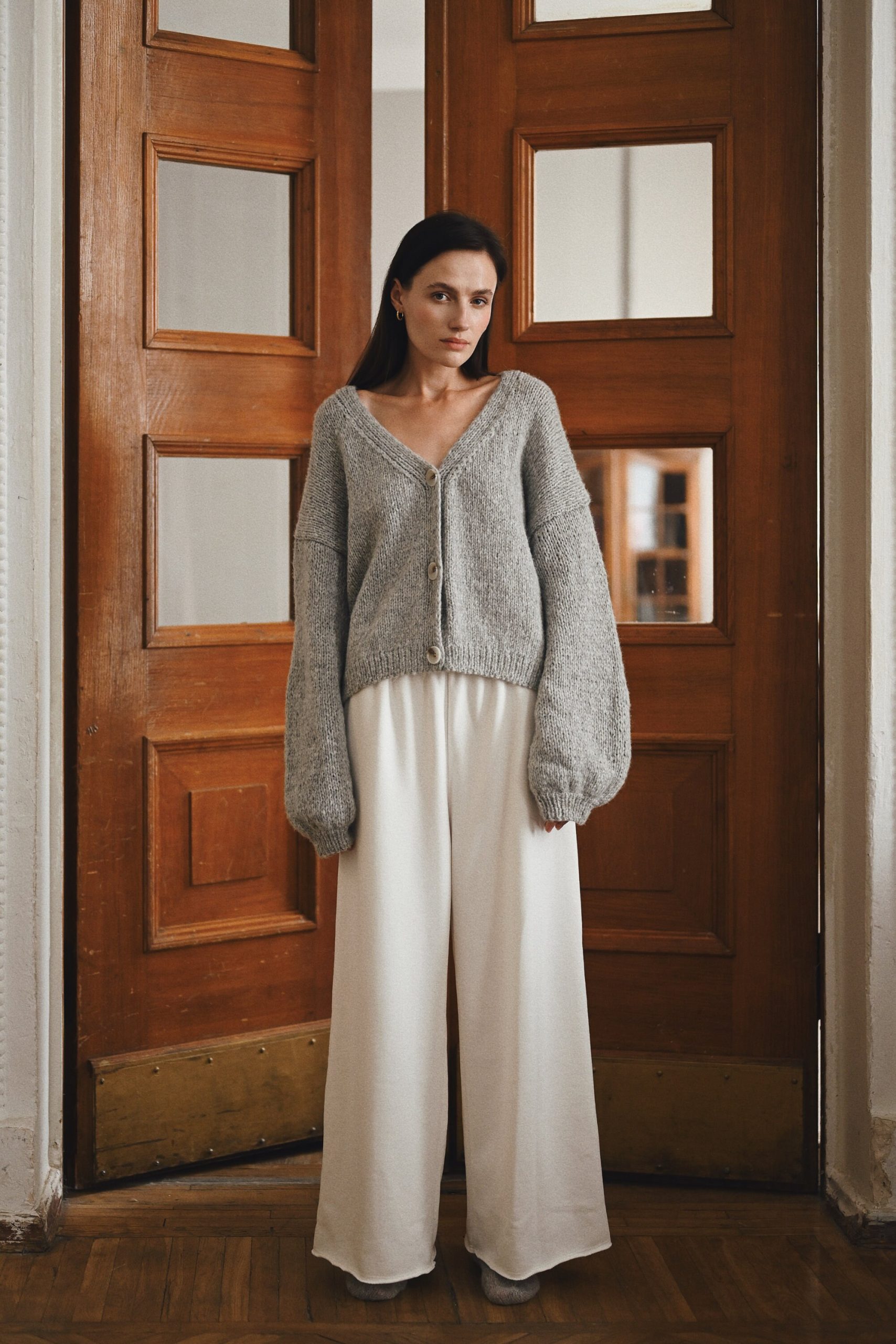 Handcrafted Alpaca Cardigan: Grey Merino Wool Knitwear