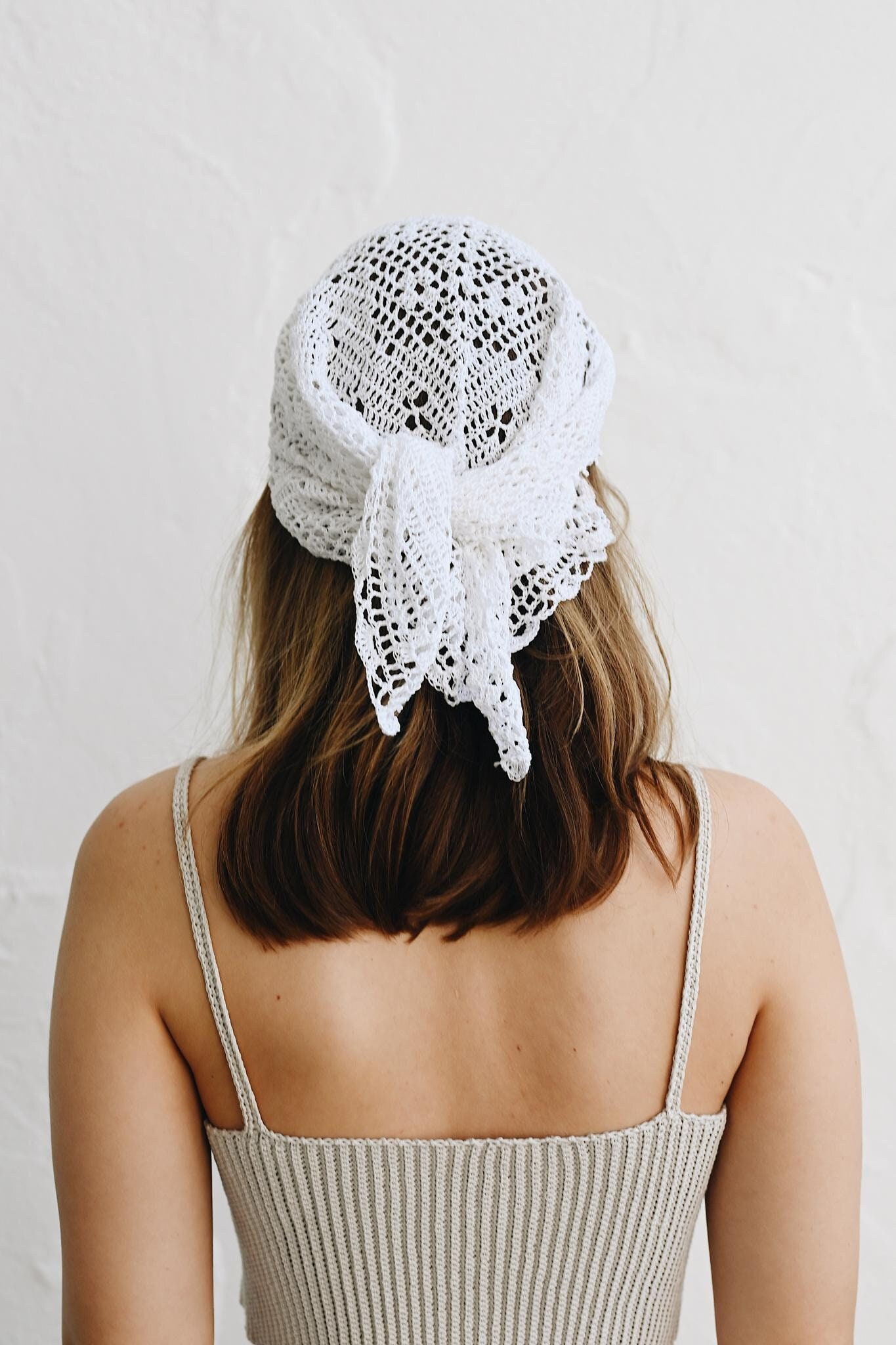 Handmade Crochet Cotton Kerchief: White Lace Hair Scarf