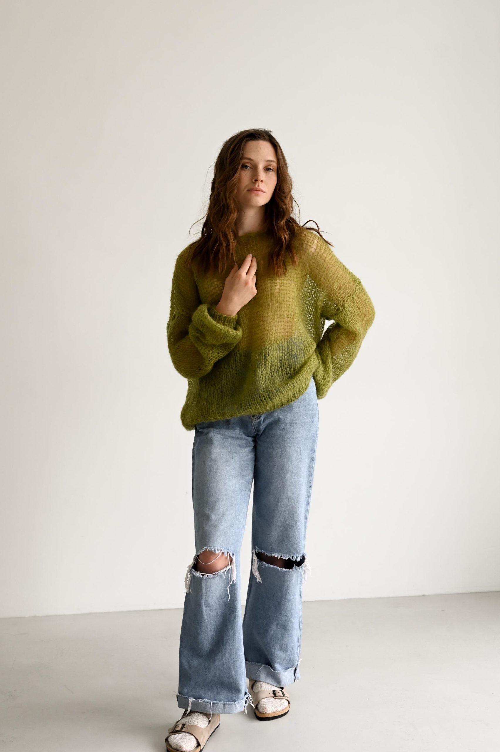 Electric Blue Mohair Knit Sweater: Sheer Boho Pullover