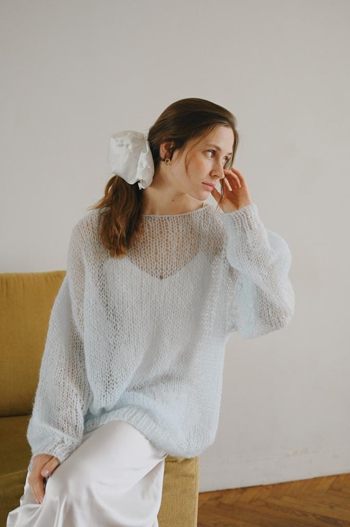 Hand-knitted Olive Mohair Pullover: Lightweight Fuzzy Sweater