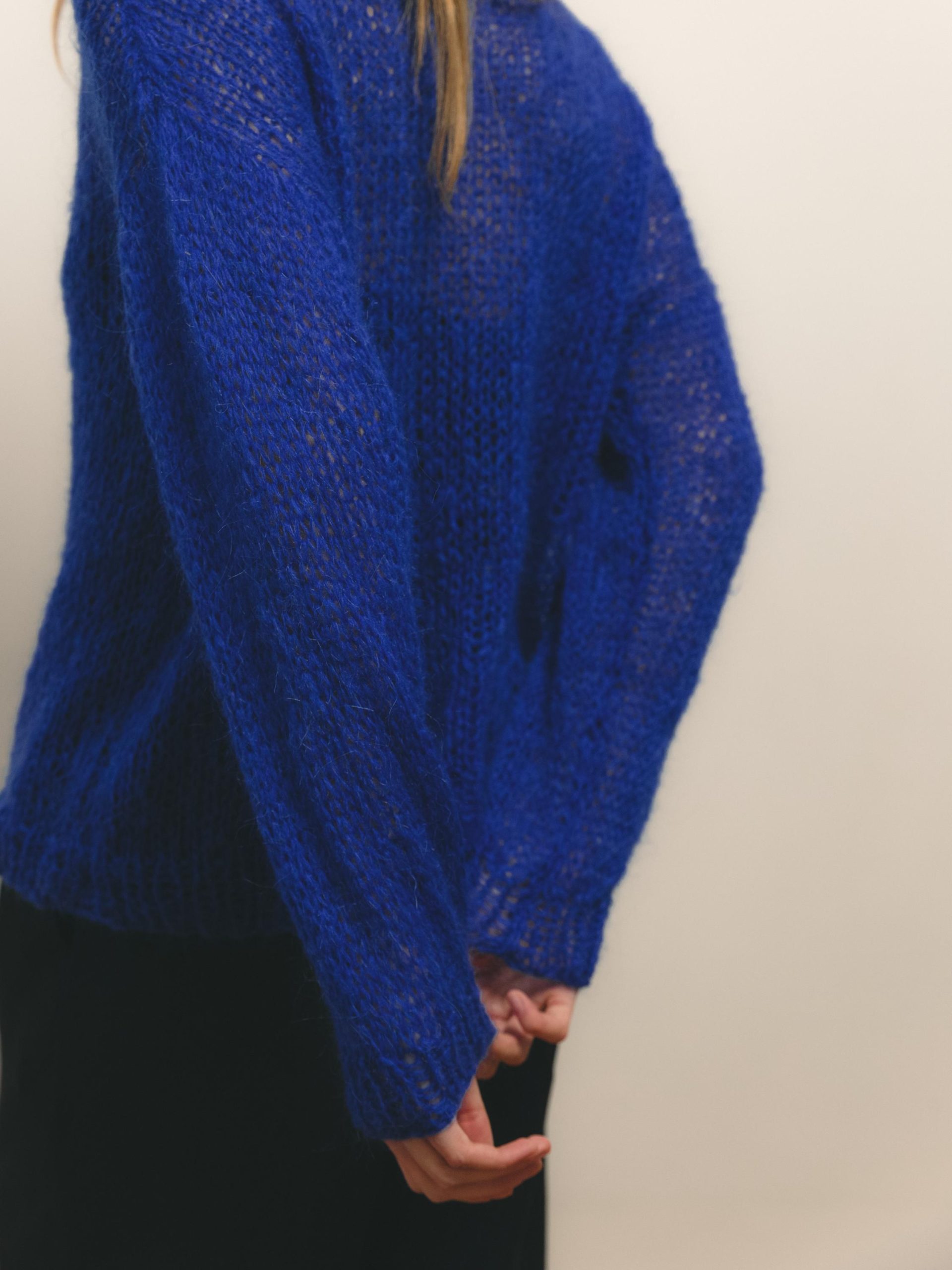 Electric Blue Mohair Knit Sweater: Sheer Boho Pullover