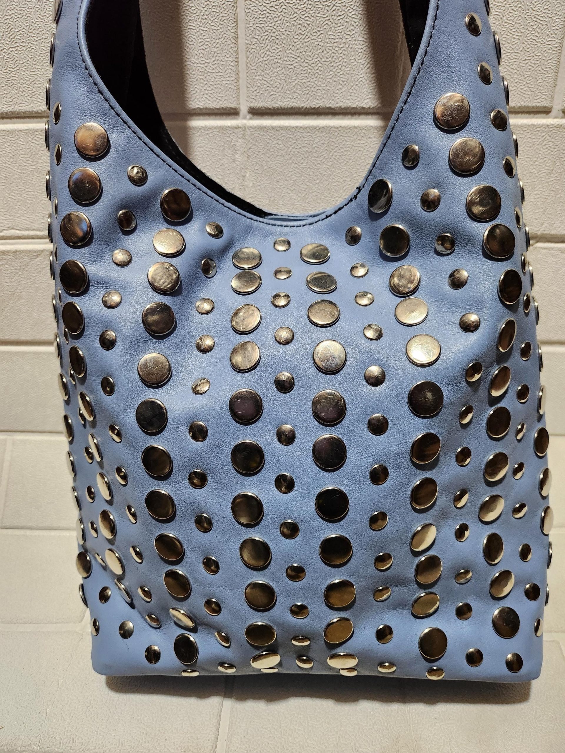 Moroccan Leather Tote – Soft Blue Studded Shoulder Bag | Handmade Boho Artisan Purse | Light Blue Shopper – Large & Small Sizes