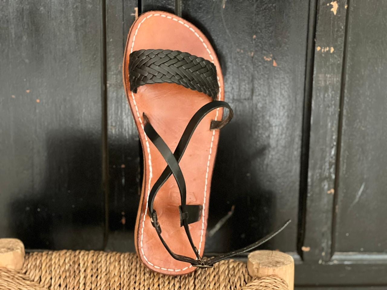 Black Braided Moroccan Leather Sandals – Handmade Flat Straps – Custom Fit