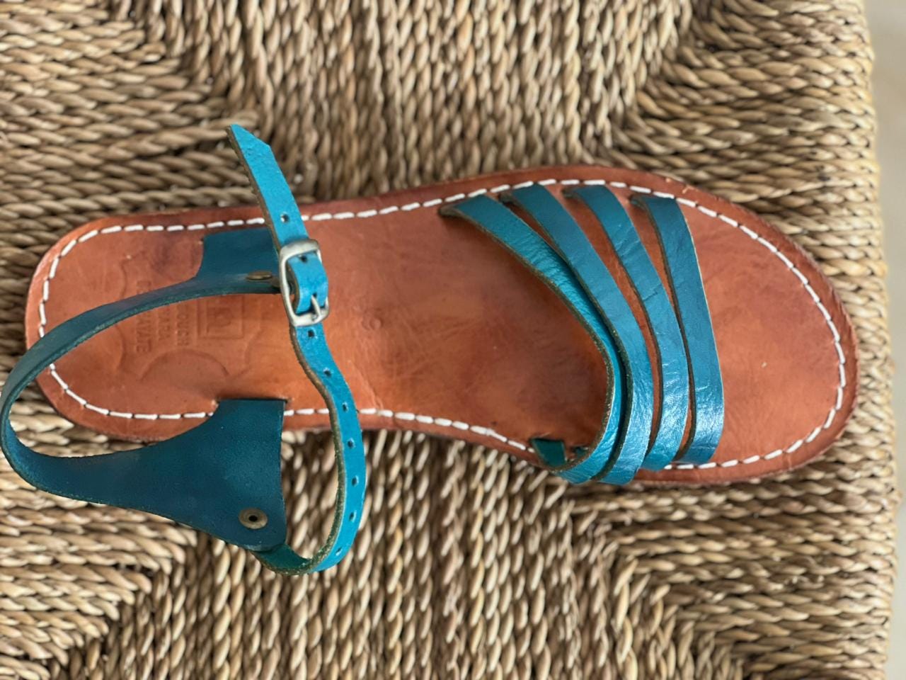 Handmade Moroccan Blue Leather Sandals Women Flat Strappy Summer Shoes