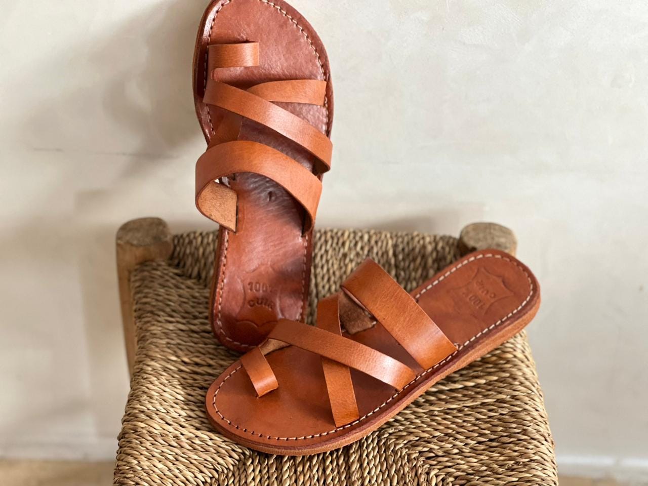 Handmade Moroccan Brown Leather Sandals – Toe Loop Cross Strap Slides Women